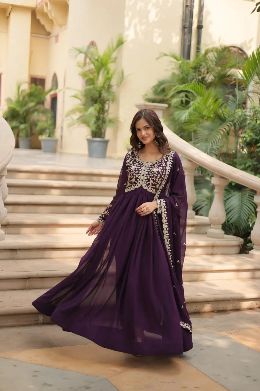 Cinder Wine Georgette Multi Sequins Zari Embroidery Work Gown With Dupatta - qivii