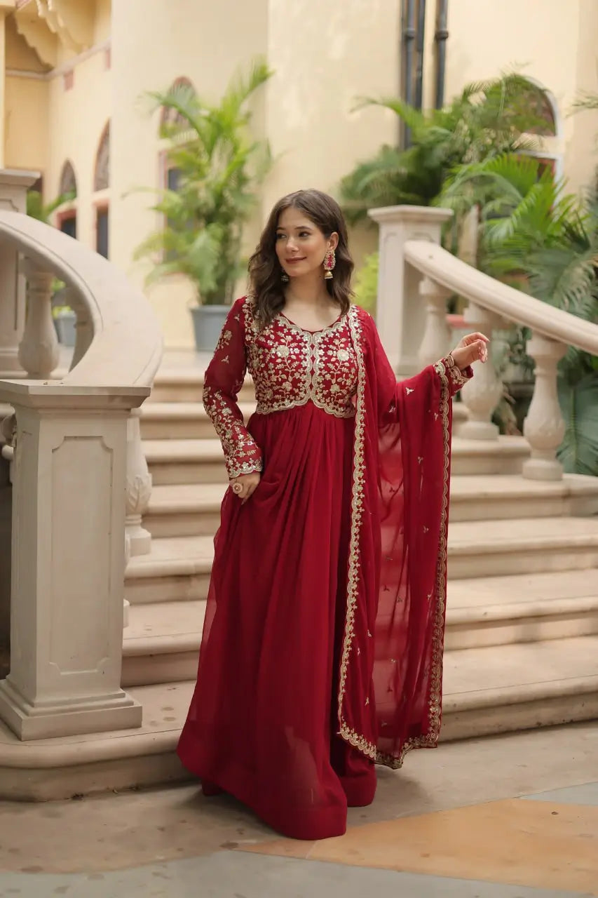 Maroon Georgette Multi Sequins Zari Embroidery Work Gown With Dupatta - qivii