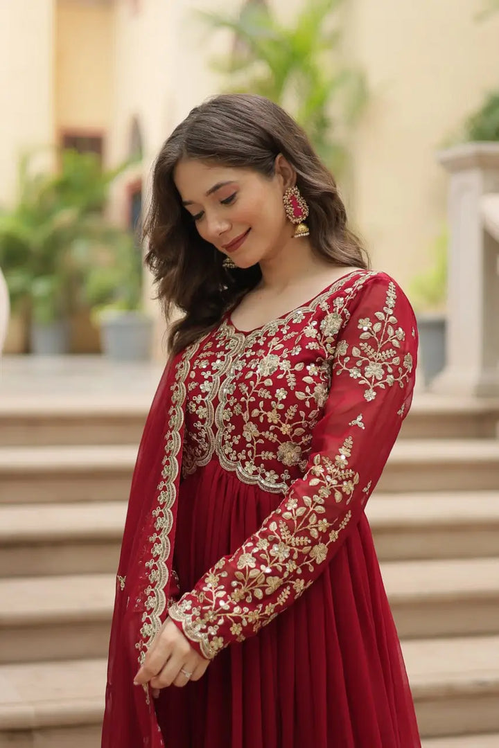Maroon Georgette Multi Sequins Zari Embroidery Work Gown With Dupatta - qivii