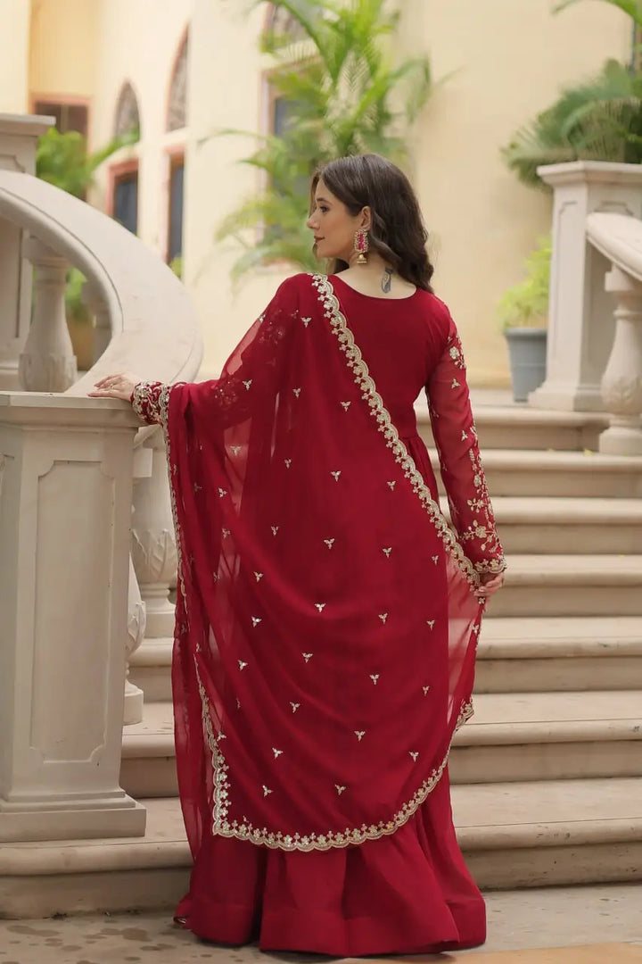 Maroon Georgette Multi Sequins Zari Embroidery Work Gown With Dupatta - qivii