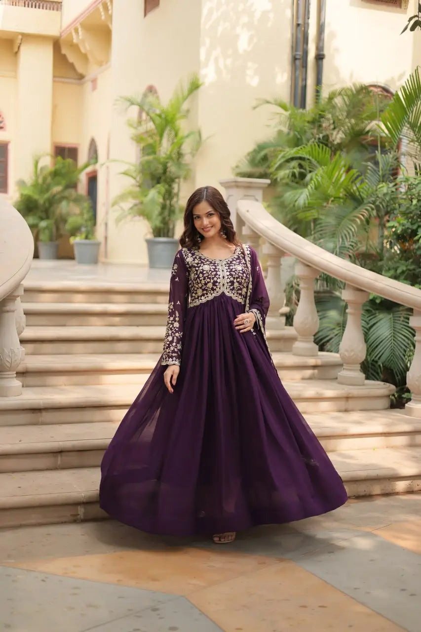 Cinder Wine Georgette Multi Sequins Zari Embroidery Work Gown With Dupatta