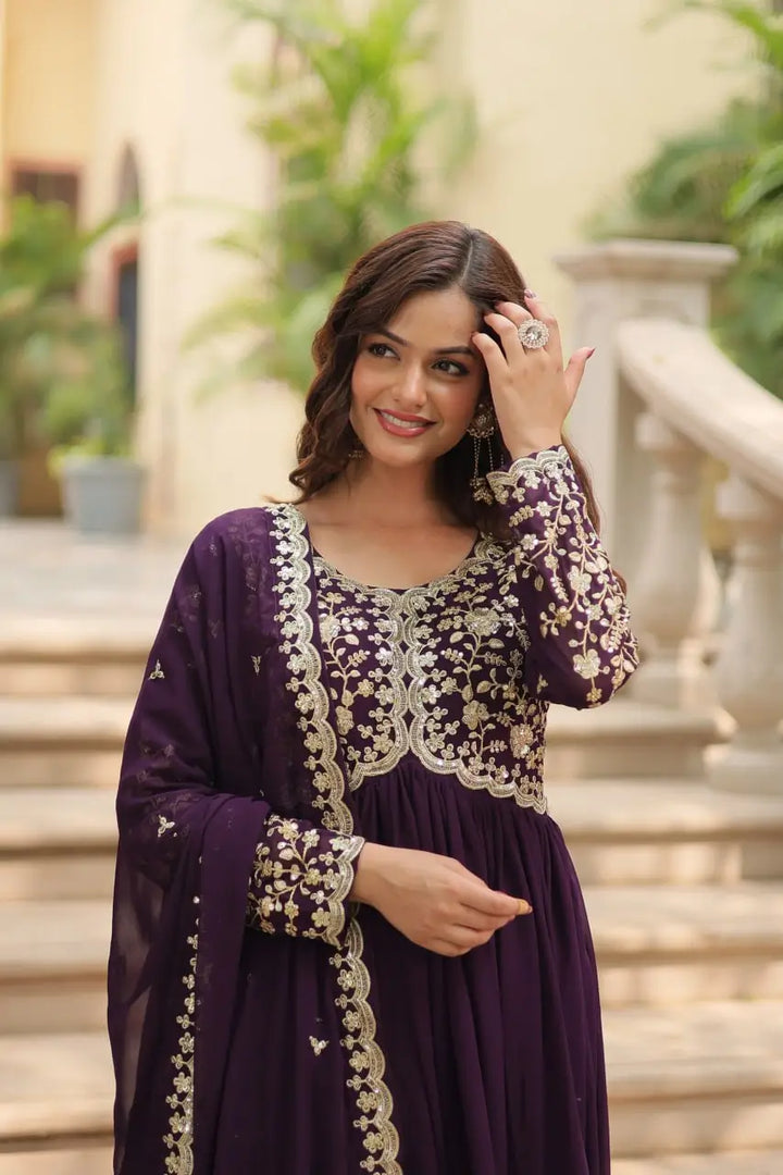 Cinder Wine Georgette Multi Sequins Zari Embroidery Work Gown With Dupatta - qivii