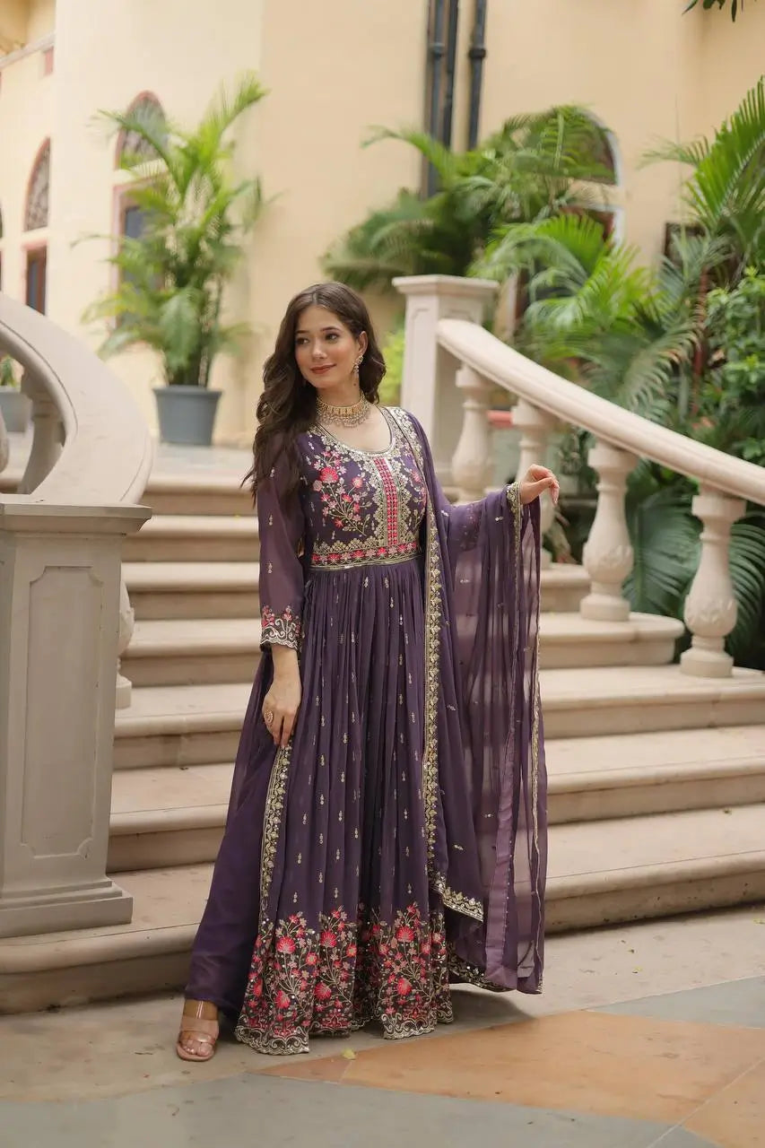 Lavender Georgette Embroidery Work Side Cut Gown With Dupatta And Sharara - qivii