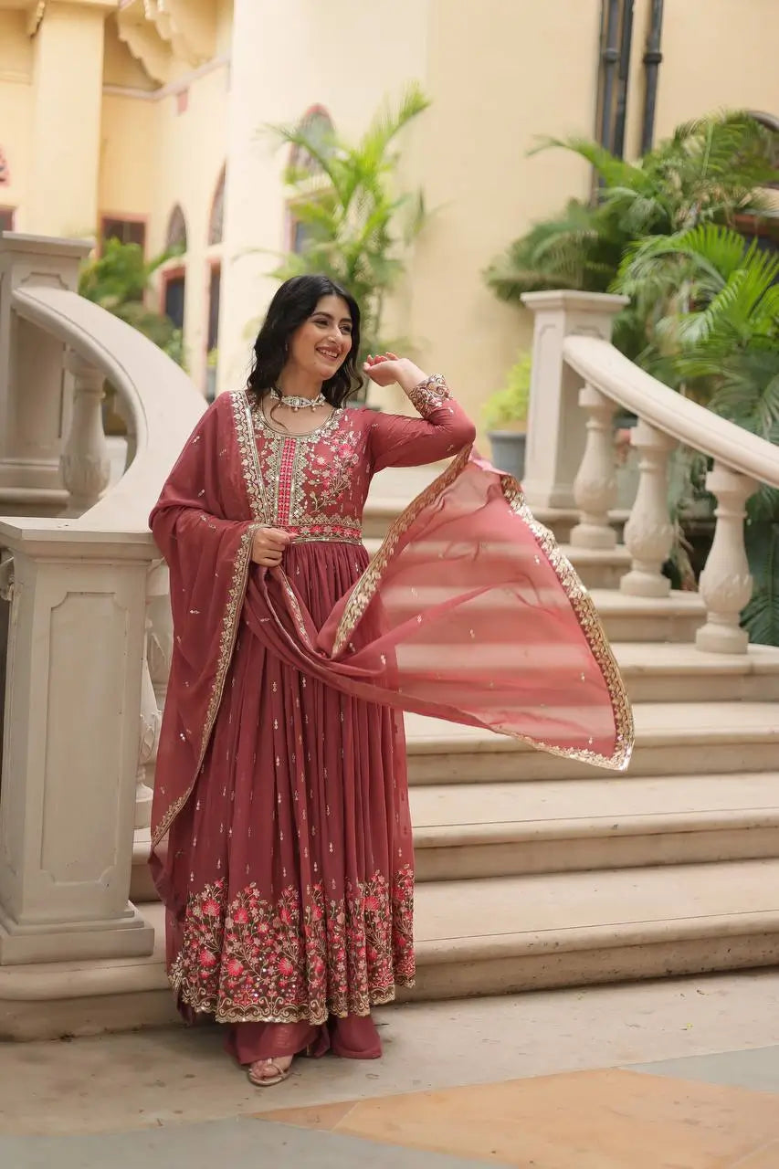 Rose Vale Georgette Embroidery Work Side Cut Gown With Dupatta And Sharara - qivii