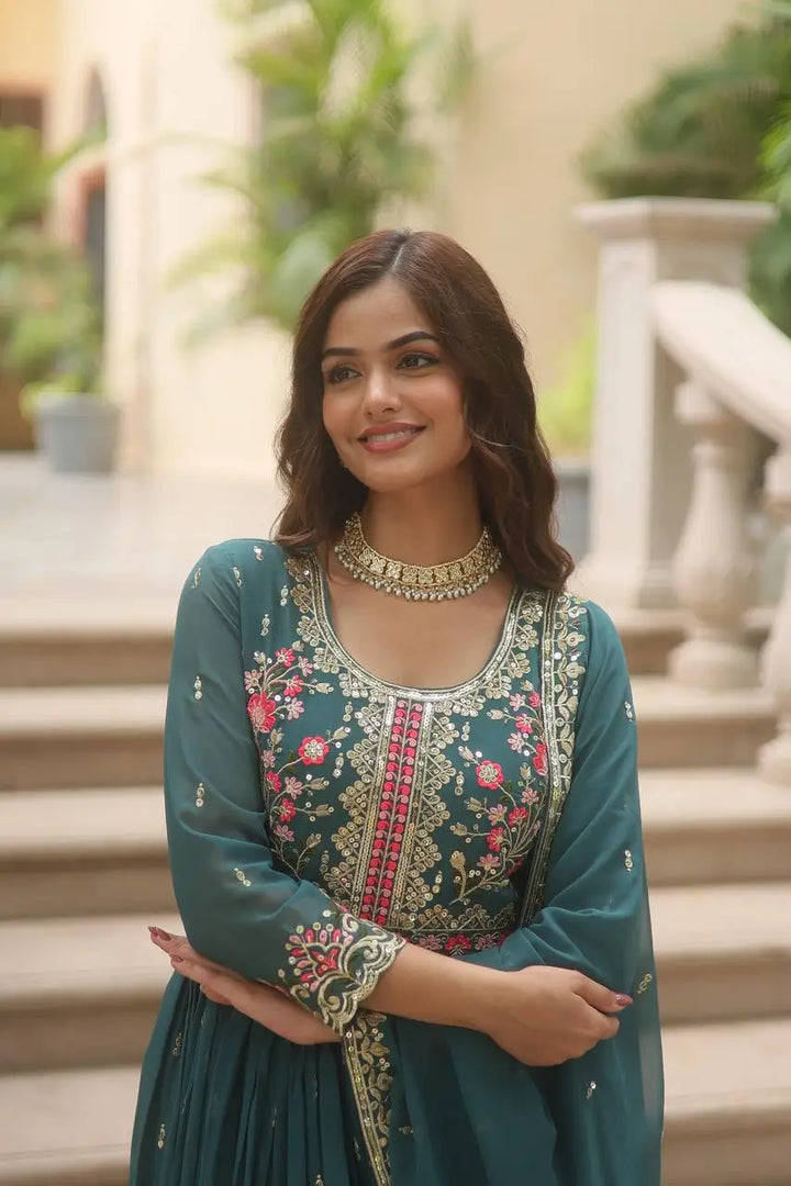 Gable Green Georgette Embroidery Work Side Cut Gown With Dupatta And Sharara - qivii