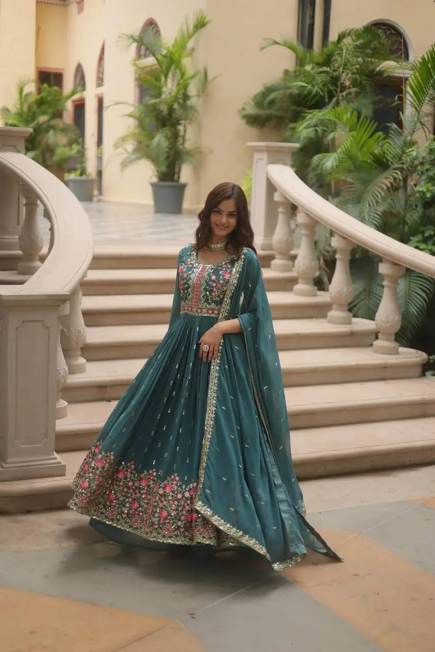 Gable Green Georgette Embroidery Work Side Cut Gown With Dupatta And Sharara - qivii
