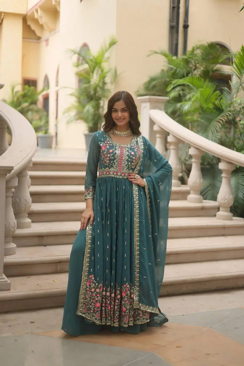 Gable Green Georgette Embroidery Work Side Cut Gown With Dupatta And Sharara - qivii