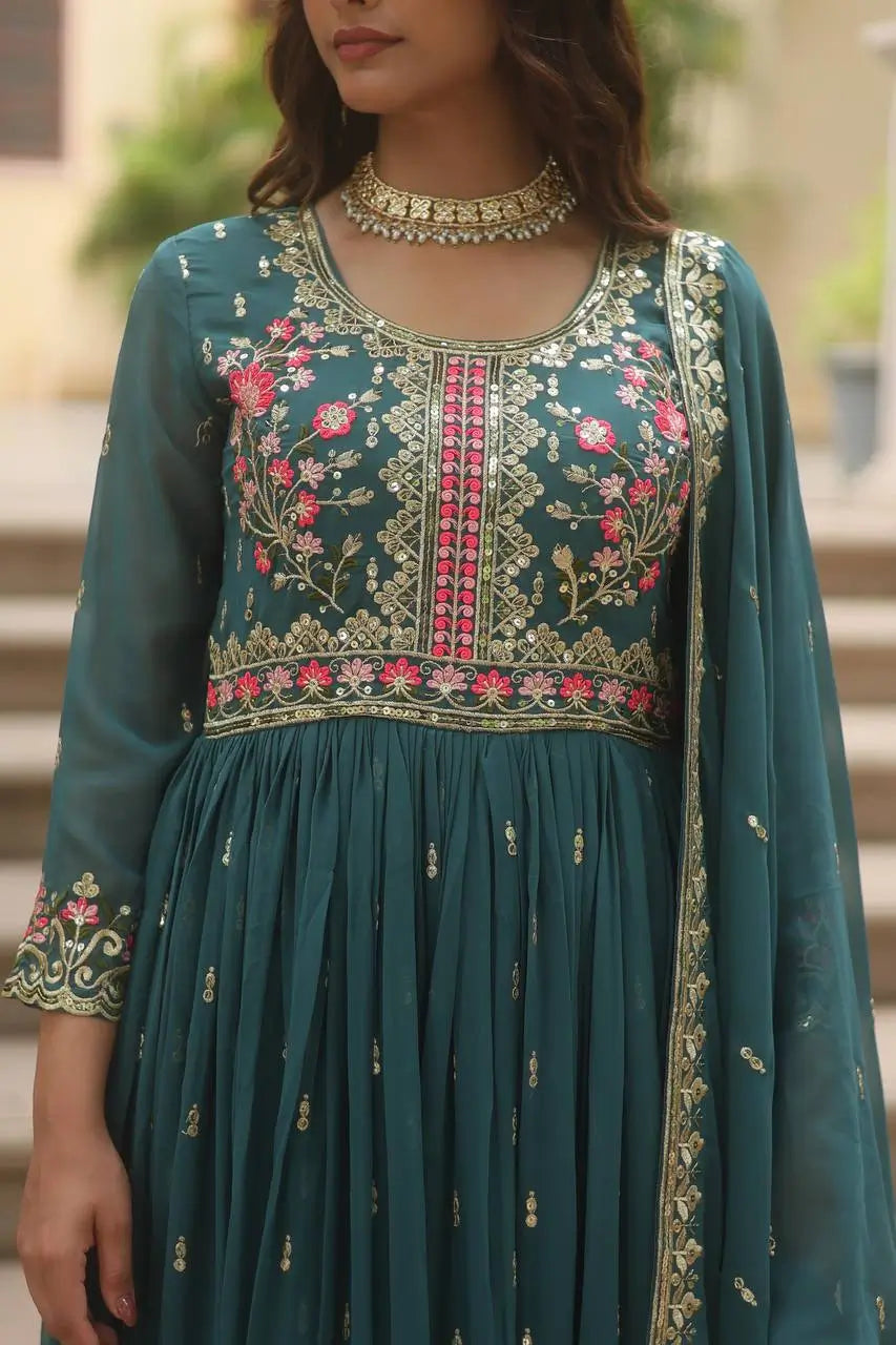 Gable Green Georgette Embroidery Work Side Cut Gown With Dupatta And Sharara