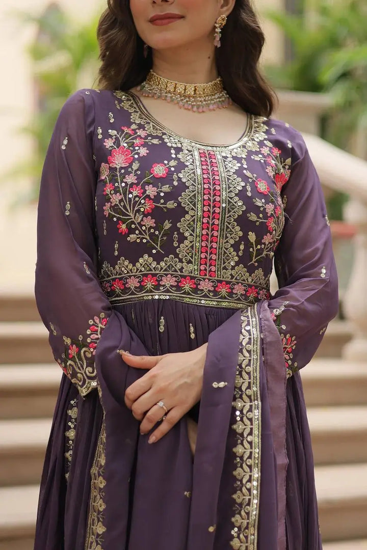 Lavender Georgette Embroidery Work Side Cut Gown With Dupatta And Sharara - qivii