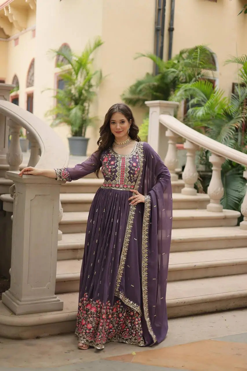 Lavender Georgette Embroidery Work Side Cut Gown With Dupatta And Sharara - qivii