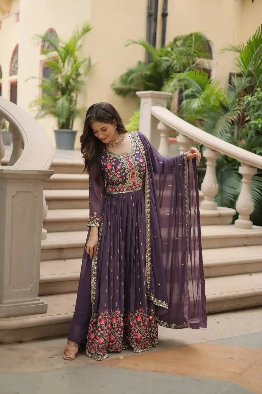 Lavender Georgette Embroidery Work Side Cut Gown With Dupatta And Sharara - qivii