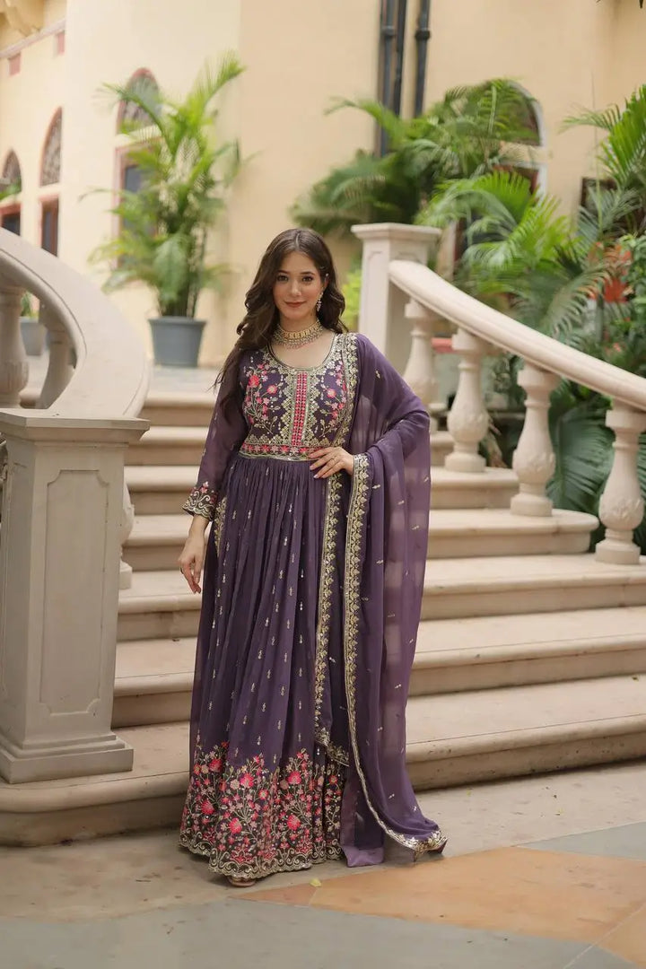 Lavender Georgette Embroidery Work Side Cut Gown With Dupatta And Sharara - qivii