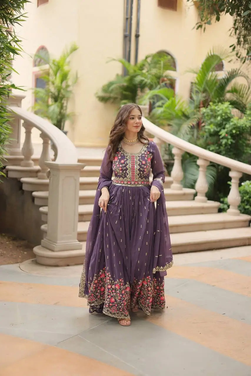 Lavender Georgette Embroidery Work Side Cut Gown With Dupatta And Sharara - qivii