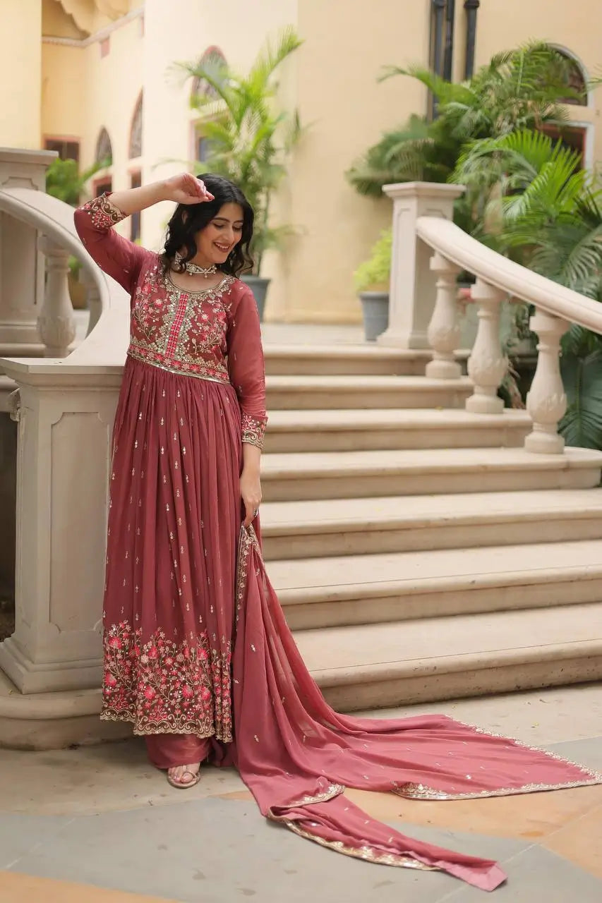 Rose Vale Georgette Embroidery Work Side Cut Gown With Dupatta And Sharara