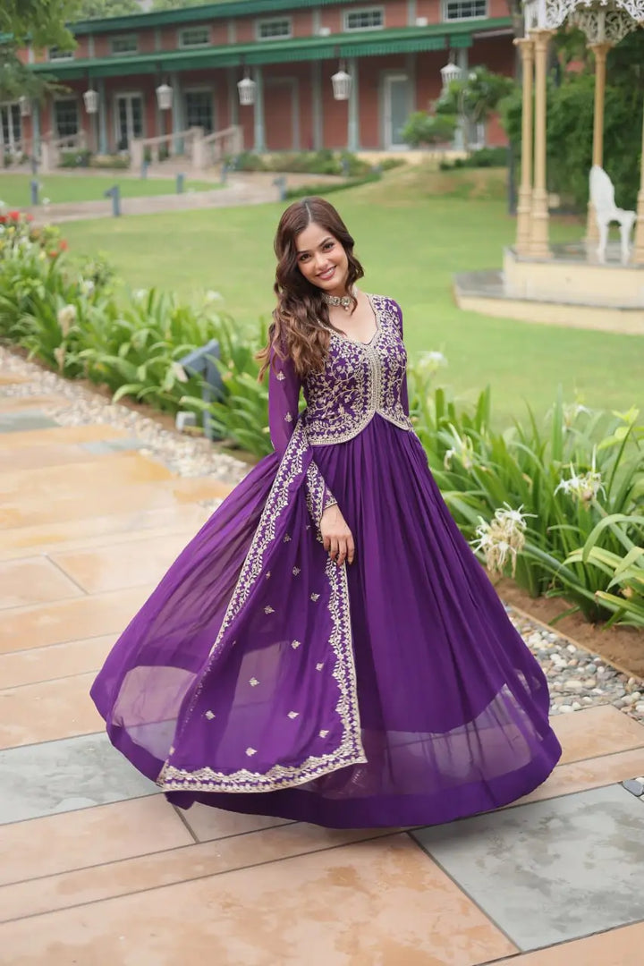Dark Purple Zari Multi Sequins Embroidery Work Georgette Gown With Dupatta - qivii