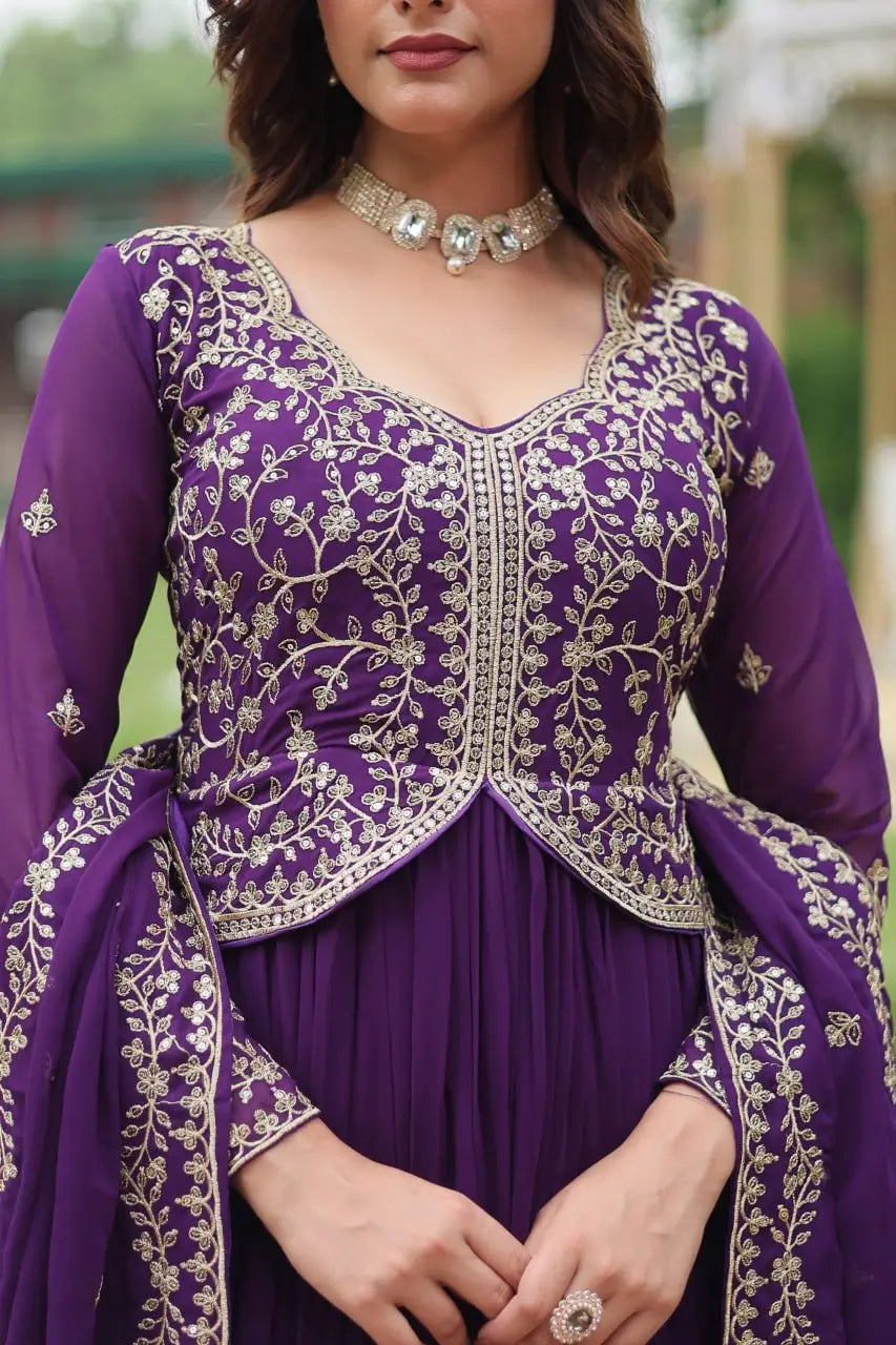 Dark Purple Zari Multi Sequins Embroidery Work Georgette Gown With Dupatta