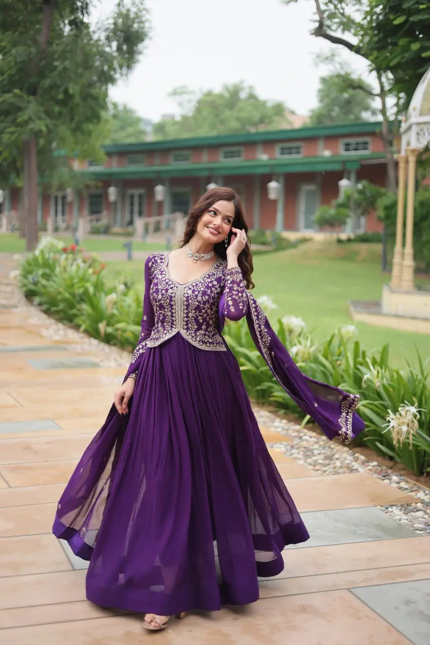 Dark Purple Zari Multi Sequins Embroidery Work Georgette Gown With Dupatta - qivii