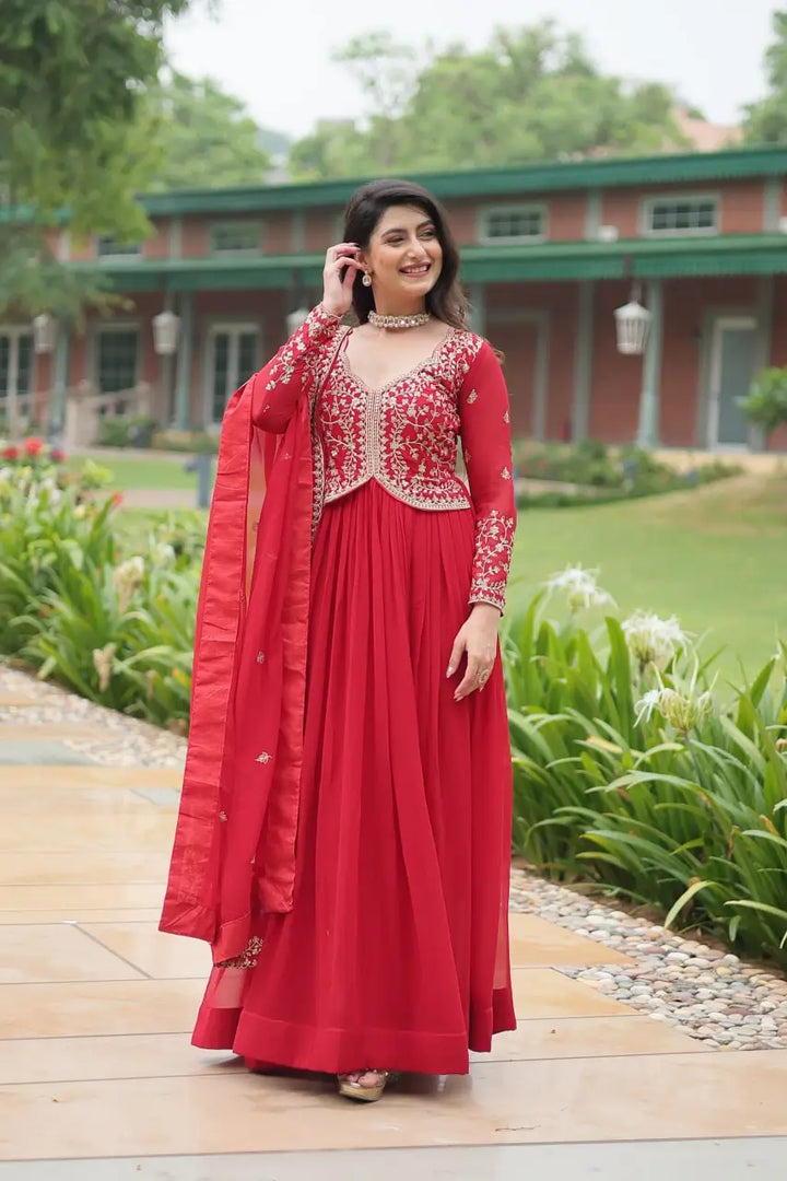 Shiraz Red Zari Multi Sequins Embroidery Work Georgette Gown With Dupatta - qivii