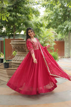 Pink Rich Sequins Embroidery Work Gown With Dupatta