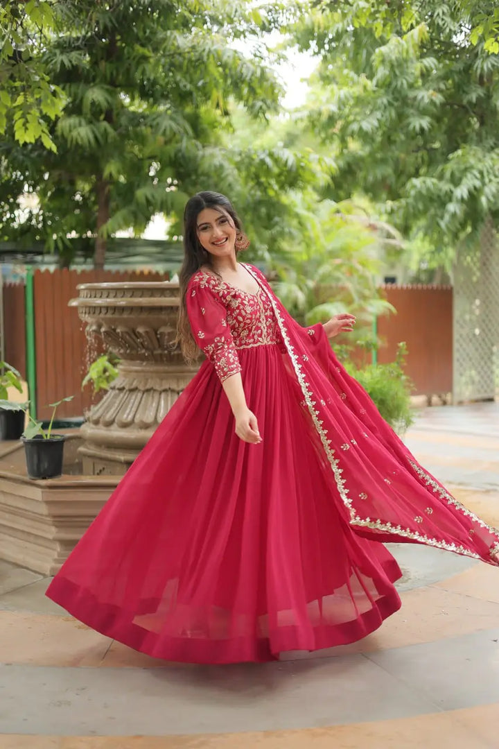Pink Rich Sequins Embroidery Work Gown With Dupatta - qivii