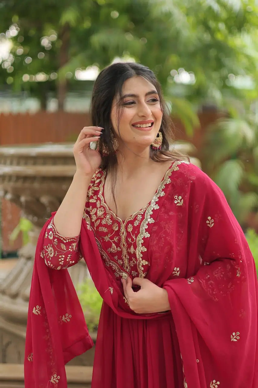 Pink Rich Sequins Embroidery Work Gown With Dupatta - qivii