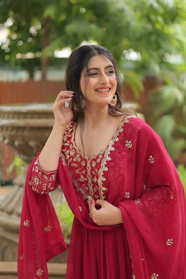 Pink Rich Sequins Embroidery Work Gown With Dupatta - qivii