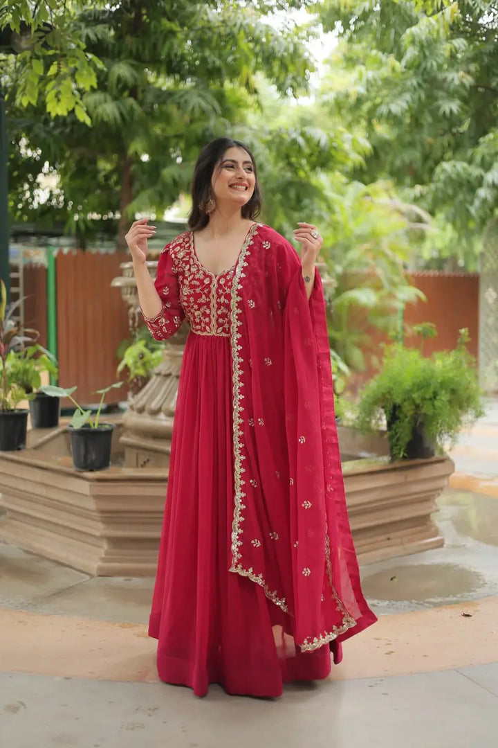 Pink Rich Sequins Embroidery Work Gown With Dupatta - qivii