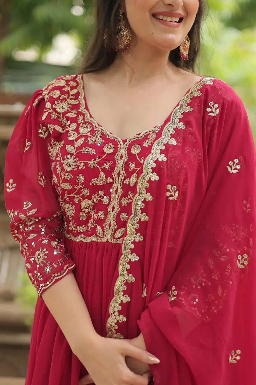 Pink Rich Sequins Embroidery Work Gown With Dupatta