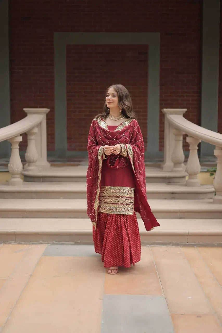 Maroon Georgette Thread Sequins Embroidery Work Sharara Suit With Dupatta