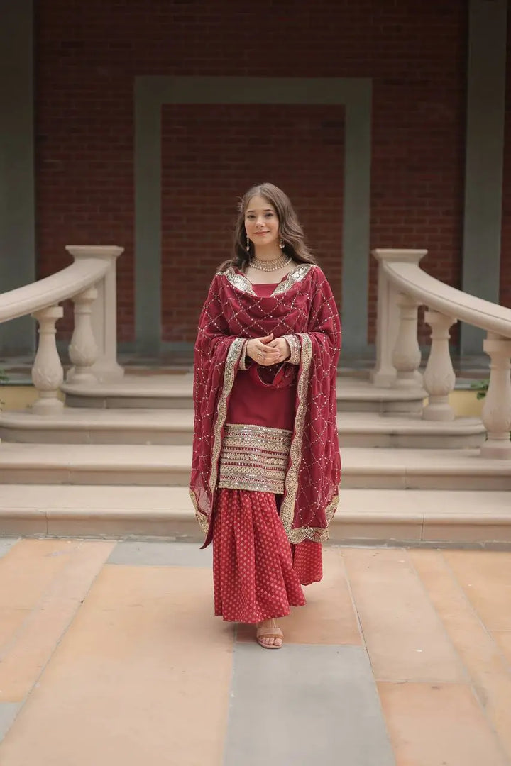 Maroon Georgette Thread Sequins Embroidery Work Sharara Suit With Dupatta - qivii