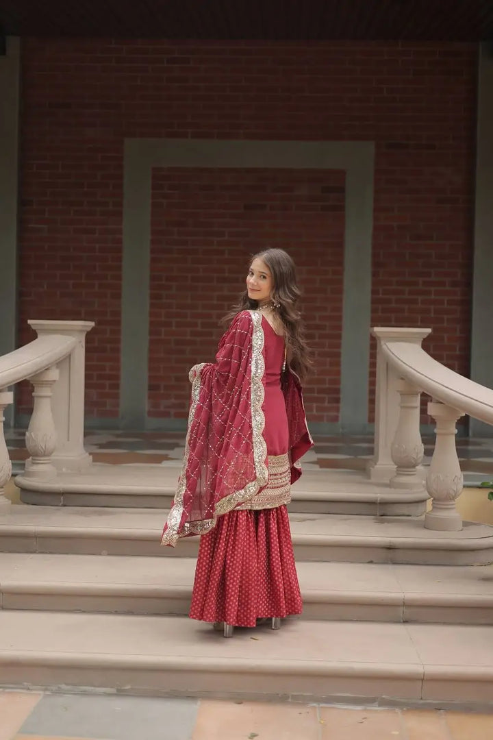 Maroon Georgette Thread Sequins Embroidery Work Sharara Suit With Dupatta - qivii