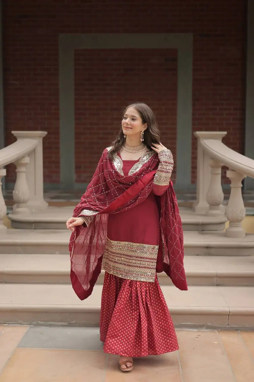 Maroon Georgette Thread Sequins Embroidery Work Sharara Suit With Dupatta - qivii