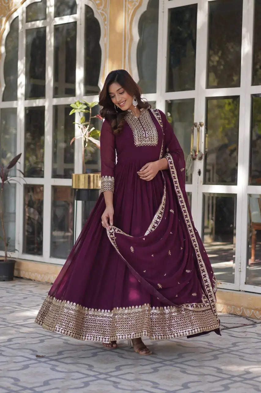 New Wine Georgette Rich Sequins Embroidery Work Gown With Dupatta - qivii