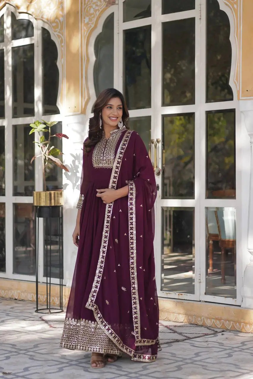 New Wine Georgette Rich Sequins Embroidery Work Gown With Dupatta - qivii
