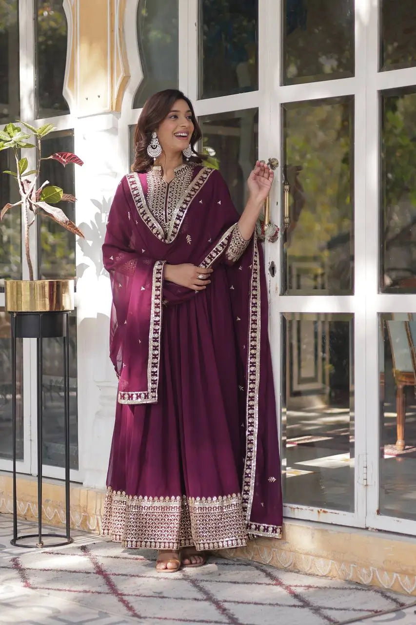 New Wine Georgette Rich Sequins Embroidery Work Gown With Dupatta - qivii