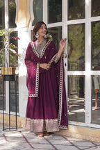 New Wine Georgette Rich Sequins Embroidery Work Gown With Dupatta