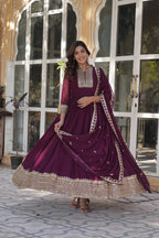 New Wine Georgette Rich Sequins Embroidery Work Gown With Dupatta