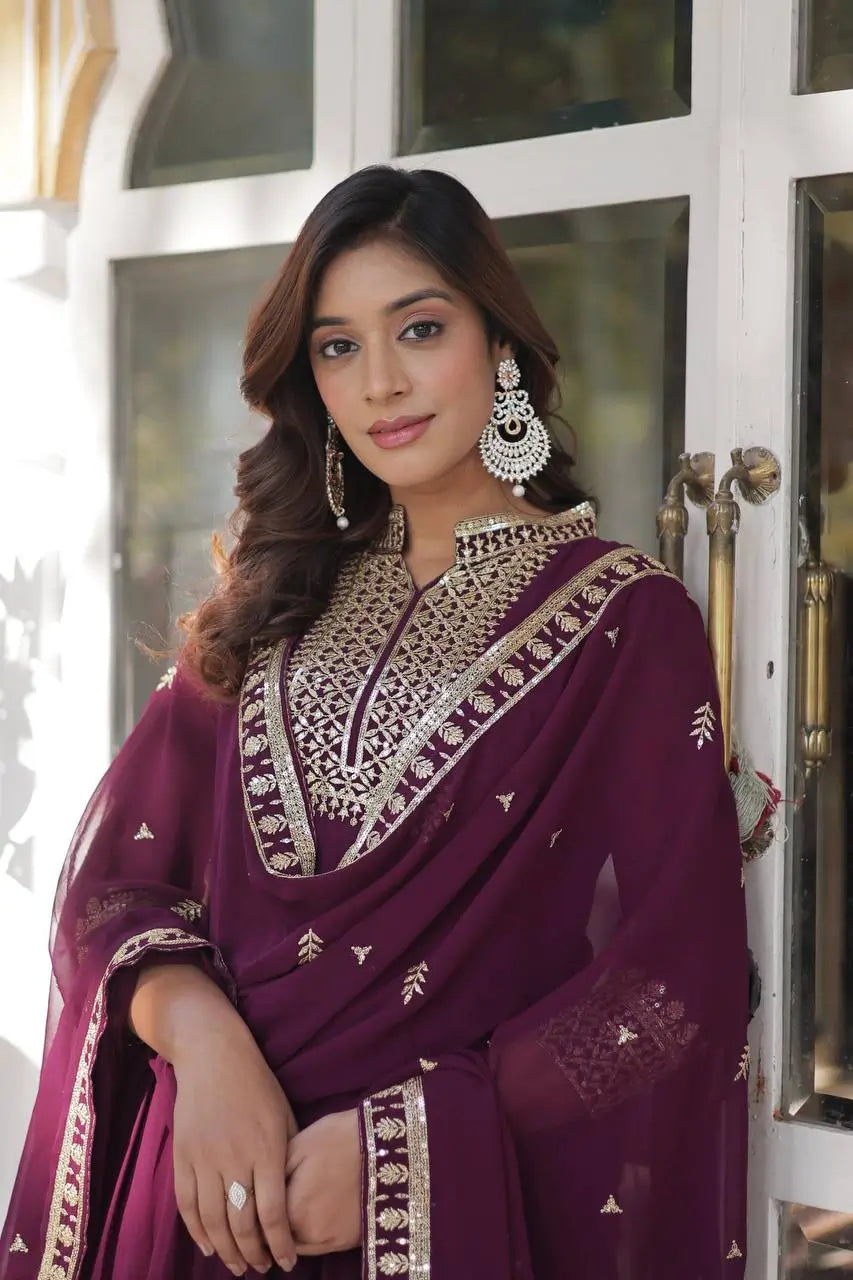 New Wine Georgette Rich Sequins Embroidery Work Gown With Dupatta