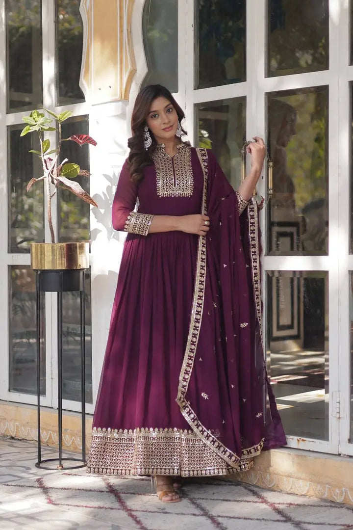 New Wine Georgette Rich Sequins Embroidery Work Gown With Dupatta - qivii