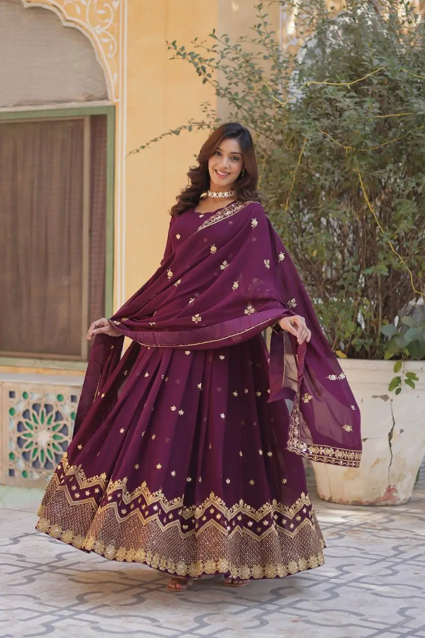 Old Mauve Zari Sequins Embroidery Work Georgette Gown With Dupatta - qivii