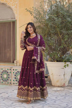 Old Mauve Zari Sequins Embroidery Work Georgette Gown With Dupatta