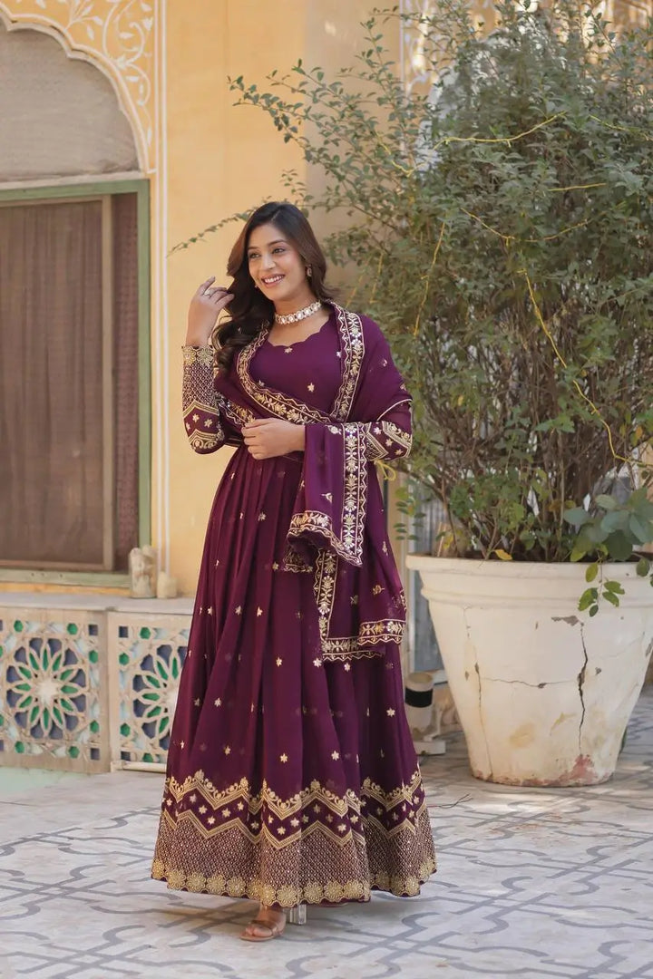Old Mauve Zari Sequins Embroidery Work Georgette Gown With Dupatta - qivii