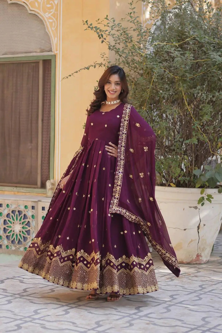 Old Mauve Zari Sequins Embroidery Work Georgette Gown With Dupatta - qivii