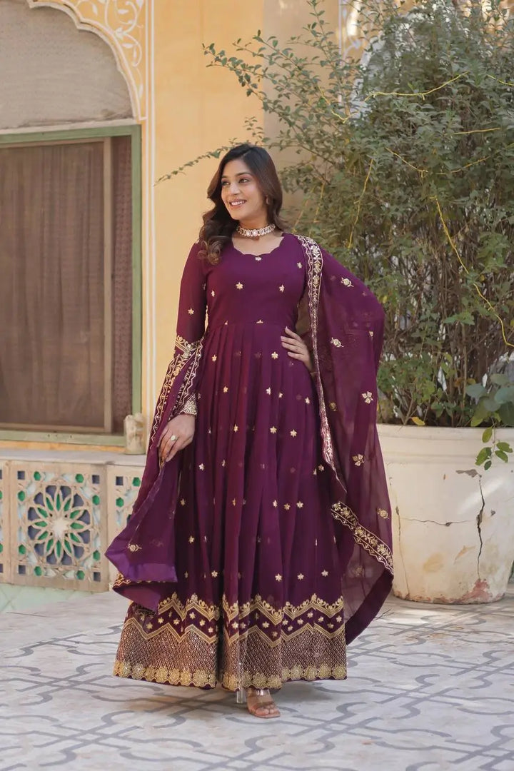 Old Mauve Zari Sequins Embroidery Work Georgette Gown With Dupatta - qivii