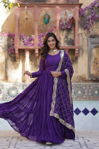Dark Purple Haze Georgette Fully Flair Gown With Embroidery Work Dupatta