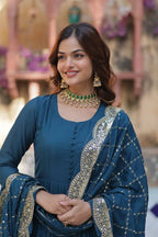 Cyan Blue Georgette Fully Flair Gown With Embroidery Work Dupatta