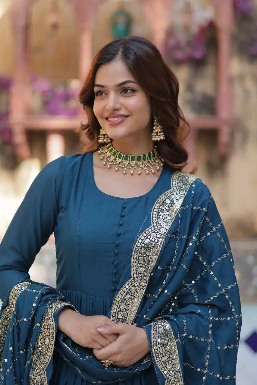 Cyan Blue Georgette Fully Flair Gown With Embroidery Work Dupatta