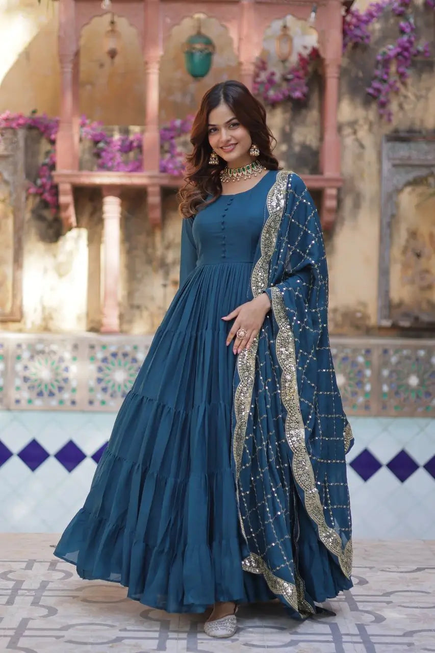 Cyan Blue Georgette Fully Flair Gown With Embroidery Work Dupatta