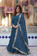 Cyan Blue Georgette Fully Flair Gown With Embroidery Work Dupatta