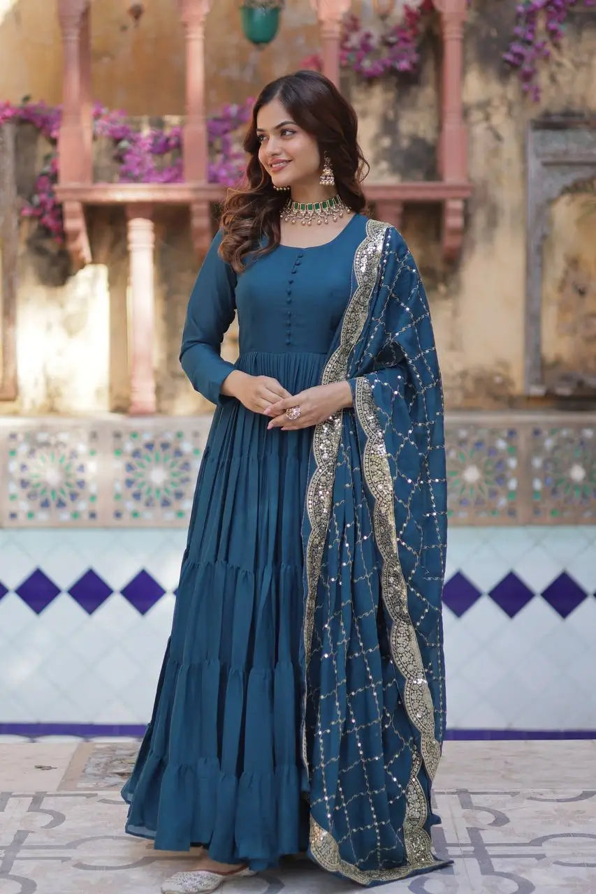 Cyan Blue Georgette Fully Flair Gown With Embroidery Work Dupatta
